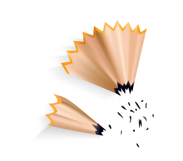 Pencil shavings with graphite rod. Color cartoon icon for web design. Realistic design of isolated item on white background, vector illustration - Vektor, Bild