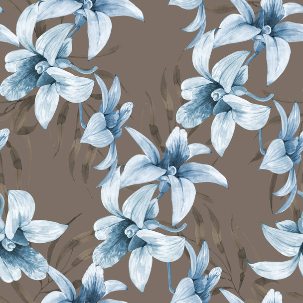 bezszwowy wzór z delikatnymi niebieskimi kwiatami storczyków na brązowym tle, ręcznie malowane ilustracja akwarela - Zdjęcie, obraz