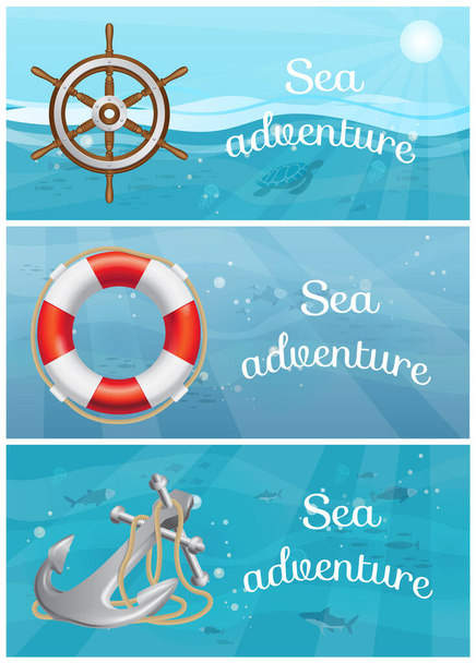 Exciting sea adventures and travel posters set. Marine cruise and sea travelling advertising placard - Vecteur, image