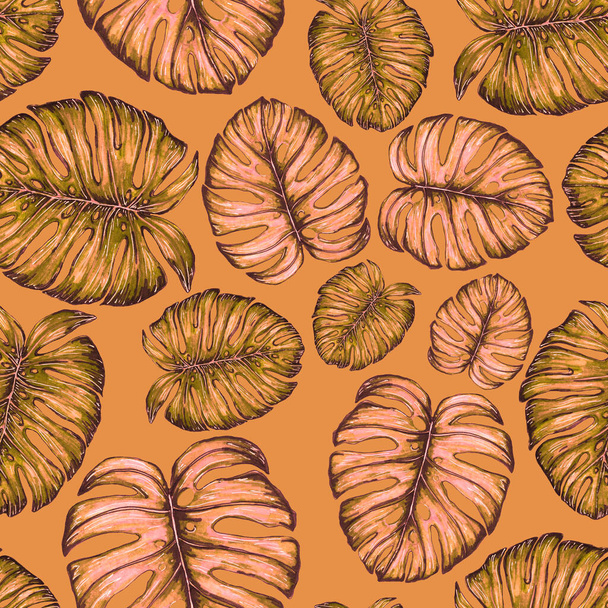 Watercolor seamless pattern with tropical leaves. Beautiful allover print with hand drawn exotic plants. Swimwear botanical design. - Foto, Imagem