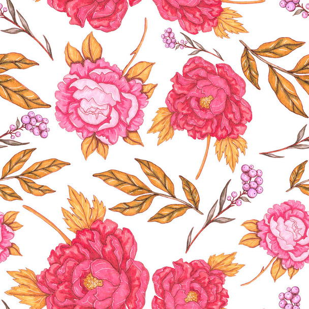 Watercolor seamless pattern with floral bouquets. Vintage botanical illustration. Elegant decoration for any kind of a design. Fashion print with colorful abstract flowers. Watercolor texture. - 写真・画像