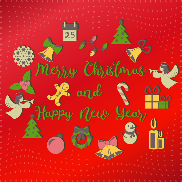Feliz Navidad y Feliz Año Nuevo tarjeta de felicitación con letras y fondo degradado - Vector, imagen