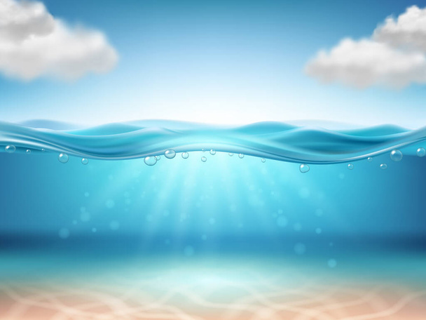 Realistyczne podwodne tło. Woda oceaniczna, morze pod poziomem wody. Wektor realistyczny ilustracja - Wektor, obraz