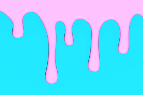 Pinkfarbene Farbe fließt vor blauem Hintergrund. Rosa Flüssigkeit. Rosenwasser fließt. Blauer Hintergrund. Horizontalbild. 3D-Bild. 3D-Rendering. - Foto, Bild