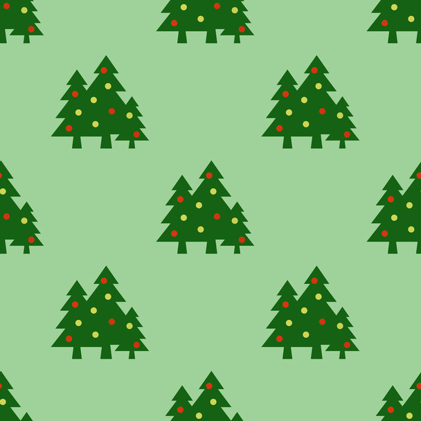 Nahtloses Muster. Bild von grünen Weihnachtsbäumen mit Kugeln auf pastellgelben grünen Hintergründen. Symbol für Neujahr und Weihnachten. Vorlage für die Anwendung auf der Oberfläche. 3D-Bild. 3D-Darstellung - Foto, Bild
