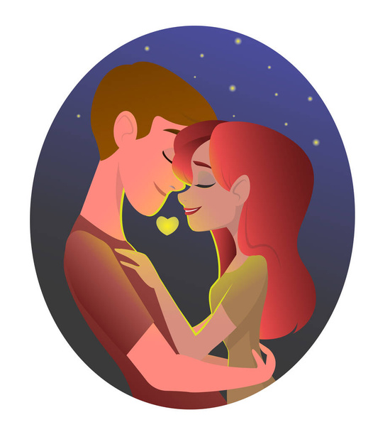 Zamilovaný pár objímající a líbající se proti hvězdné obloze. Dívka obejme svého přítele a dívá se na něj láskyplně. Šťastný líbací den. Skladový vektorový obrázek. - Vektor, obrázek