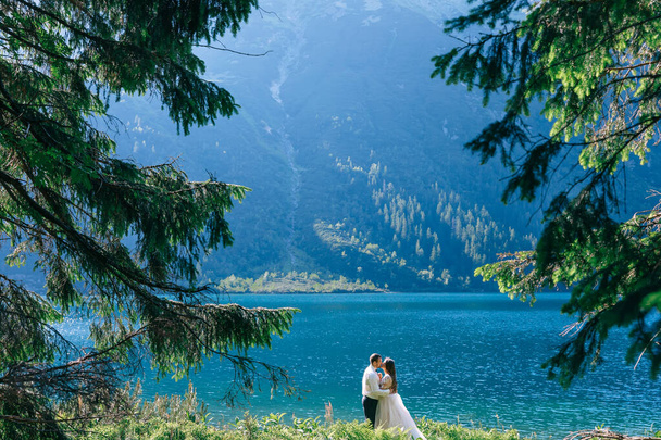 Giovane coppia di sposi novelli, sposa e sposo bacio, abbraccio su un bellissimo sfondo di montagne, lago blu - Foto, immagini