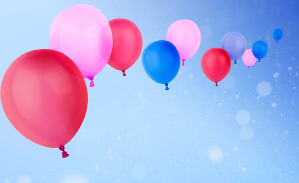 πολύχρωμα ιπτάμενα μπαλόνια ηλίου σε μπλε φόντο - Φωτογραφία, εικόνα