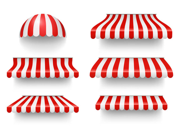 Conjunto realista de toldos a rayas rojas y blancas. Tiendas de campaña o techos textiles. Ilustración vectorial realista aislada en blanco. - Vector, imagen
