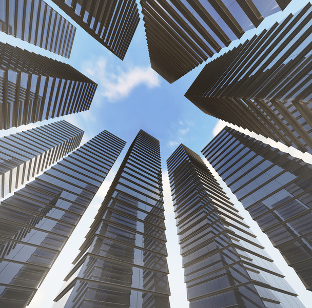 Pared de cristal azul limpio de rascacielos modernos
 - Foto, imagen