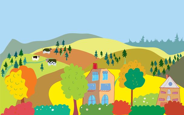 Autumn countryside landscape with trees, houses, cows - Vector, Imagen