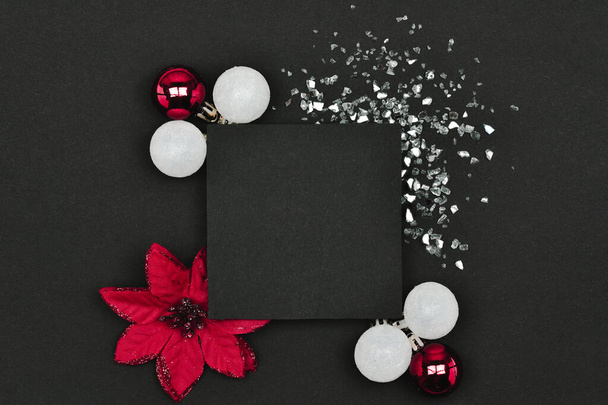 Christmas black background with place for your text, roger toys and glass mirror crumb - Foto, Bild
