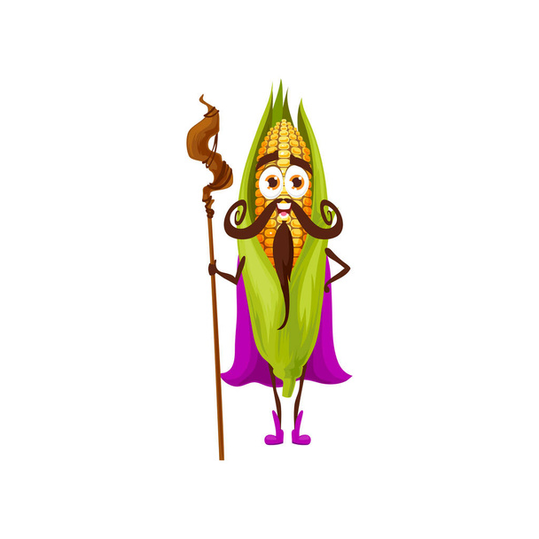 ケープ隔離された漫画のキャラクターで魔法のクルックとトウモロコシのコブ野菜ウィザード。ベクトル笑みを浮かべて感情の妖精の魔術師、子供の農場の庭の食べ物。髭や顔に口ひげを生やした面白い野菜 - ベクター画像