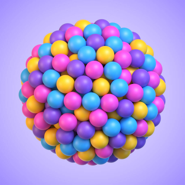 Colorful balls in shape of sphere. Many multicolored toy balls arranged in sphere shape on purple background. Realistic vector background - Vector, Image