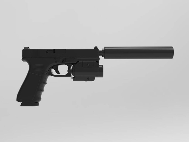 Black handgun with silencer and laser point sight on light gray background - Photo, Image