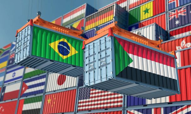 Freight containers with Sudan and Brazil national flags. 3D Rendering  - Foto, immagini