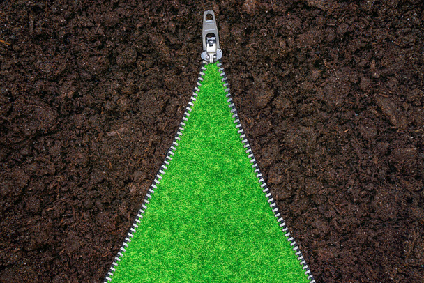 Fresh green grass exposed through the unzipped soil layer. Creative farming concept. - Foto, Imagen