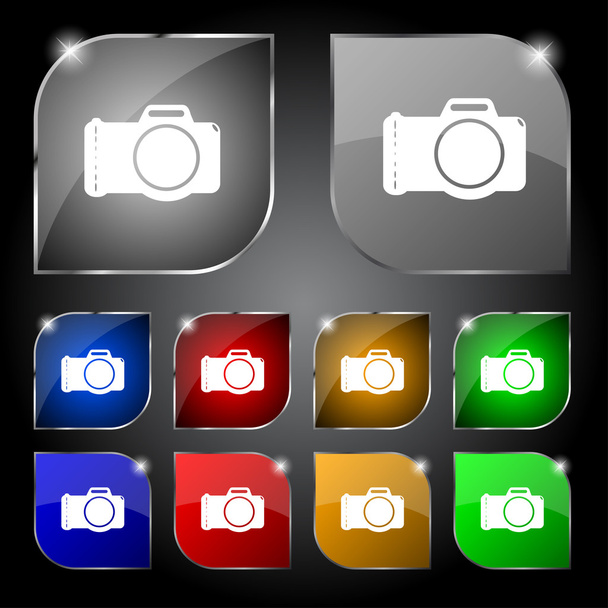 Photo camera sign icon. Digital symbol. Set colourful buttons. Vector - Wektor, obraz