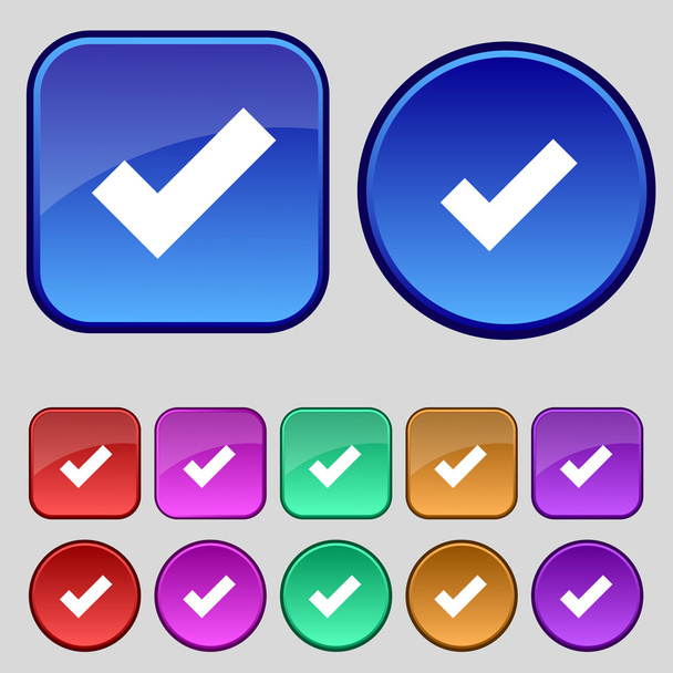 Check mark sign icon . Confirm approved symbol. Set colourful buttons. Vector - Διάνυσμα, εικόνα