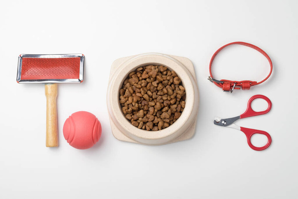 Accessories for dogs: food bowl, hairbrush, ball, nail clippers, collar. Pet care concept. White background, top view. - 写真・画像