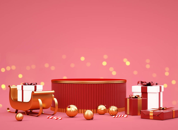 Χριστουγεννιάτικη κόκκινη πλατφόρμα βάθρο και χρυσά πράγματα σε ένα κόκκινο φόντο για την οθόνη του προϊόντος. Κομψό βάθρο για διαφημιστικά Χριστούγεννα μάρκετινγκ και online shopping concept σε 3D rendering - Φωτογραφία, εικόνα