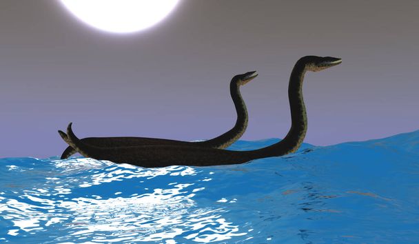 Dos reptiles carnívoros de Plesiosaurus se divierten montando olas oceánicas en una noche de luna. - Foto, imagen