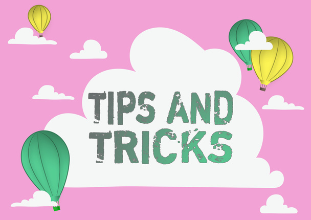 Inspiration, die Zeichen zeigt Tipps und Tricks. Unternehmensübersicht bedeutet vielleicht Ratschläge, wie man Heißluftballon-Illustration verbessert, fliegende Wolken erreichen neue Ziele - Foto, Bild