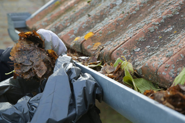 Czyszczenie rynny z jesiennych liści przed sezonem zimowym. Proces czyszczenia rynny dachowej. - Zdjęcie, obraz