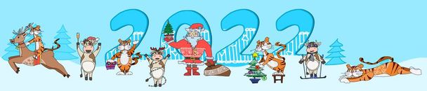 2022 new santa claus and tigers with bulls characters. doodle sketch vector image - Vector, Image