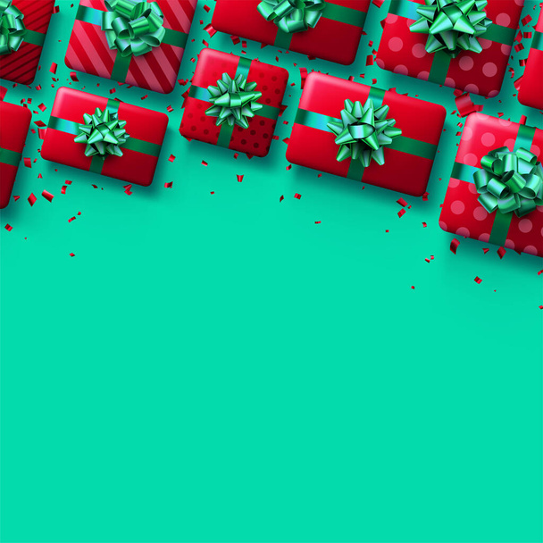 Christmas red gift boxes on green background. New Year presents. Space for text. Vector holiday illustration. - Vector, afbeelding