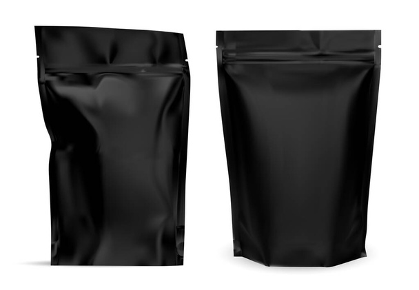 Черный кофейный пакет. Дизайн упаковки с белком молнии. Алюминиевая фольга, реалистичная закуска, орехи пустые. Контейнер из-под сыворотки. Многоразовая молния, упаковка для чая - Вектор,изображение