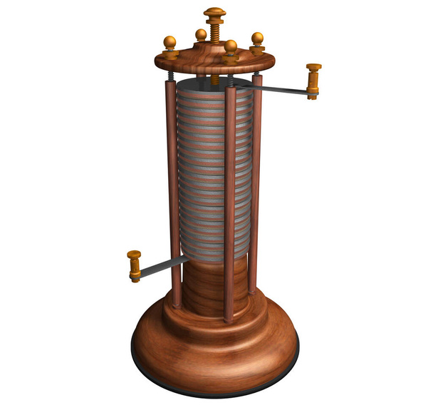 3D Rendering Ilustracja stosu lub baterii zaprojektowanych, wynalezionych i stworzonych przez Alessandro Volta w XVIII wieku z drewnianą strukturą i alternatywnymi komponentami miedzianymi i cynkowymi oraz metalowymi słupami. - Zdjęcie, obraz