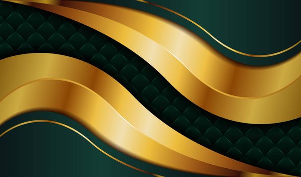現代的な幾何学的な抽象的な緑のカバーのデザインは、暗いテクスチャに輝く黄金の重なり層の背景にチラシの招待状バナー印刷広告高級ラインのために - ベクター画像