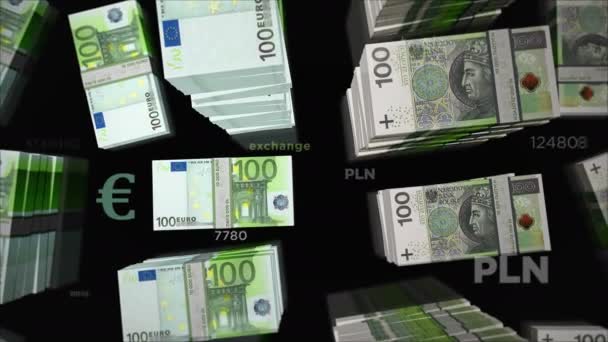 Avrupa ve Polonya Zloti para değişimi. Kağıt banknotlar tomar tomar. Ticaret, ekonomi, rekabet, kriz, çatışma, rekabet ve finans kavramı. Döngüsüz 3D canlandırma notaları. - Video, Çekim