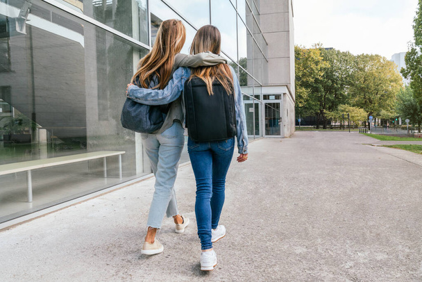 Rear view of two female friends walking together in embrace. - Foto, Bild
