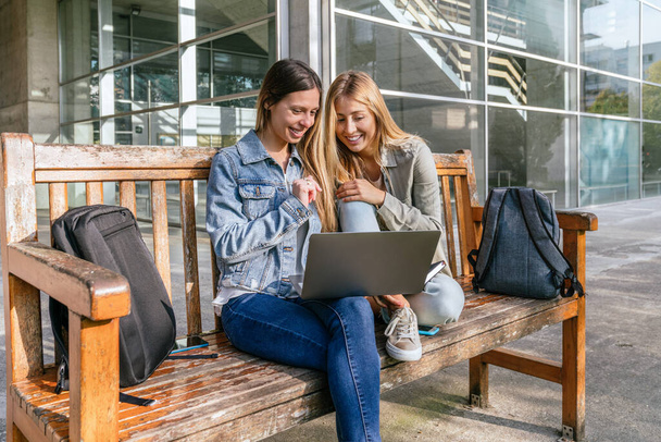 Front side view of two cheerful college friends sitting on a bench using a laptop on a sunny day. - Fotoğraf, Görsel