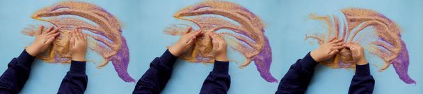 Collage de niños creativos ocupación con arena de colores. Desarrollo de habilidades motoras finas para niños Vista desde arriba. Banner extra ancho - Foto, Imagen