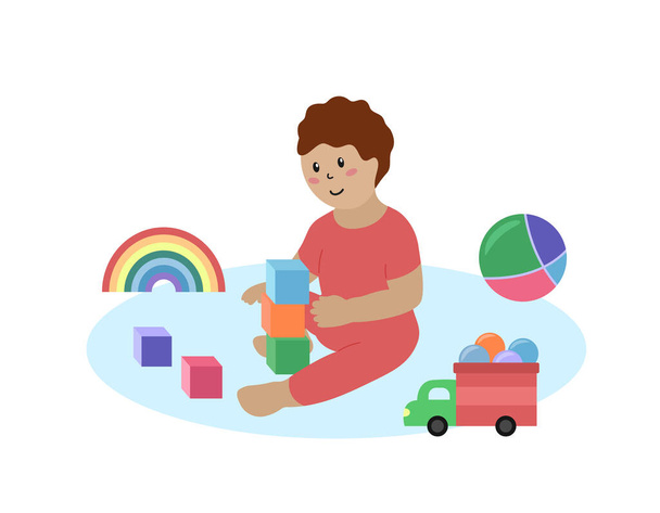 Baby playing toys isolated. Happy toddler child with cubes, car, ball and other colorful toys. Vector flat illustration - Vector, Image