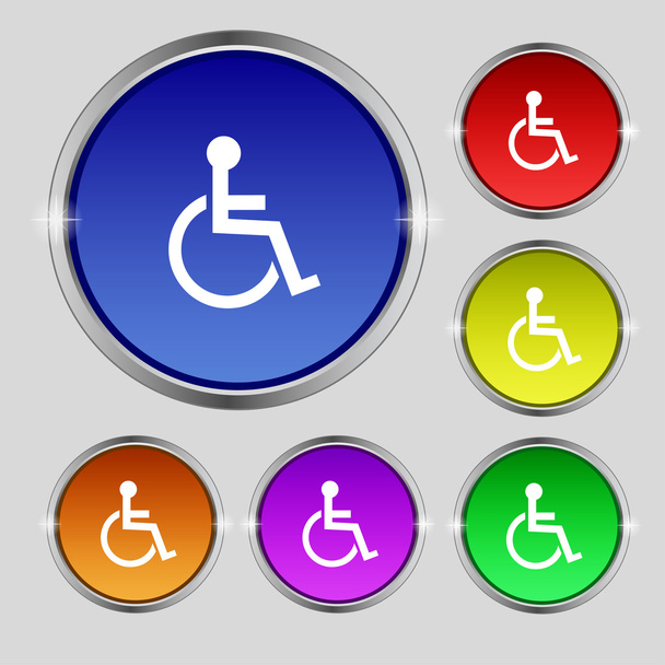 Значок вимкненого знака. Людина на інвалідному візку символ. Невідомий знак з інвалідністю. Встановити барвисті кнопки Вектор
 - Вектор, зображення