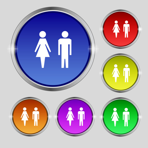 WC sign icon. Toilet symbol. Male and Female toilet. Set colourful buttons. Vector - Vetor, Imagem