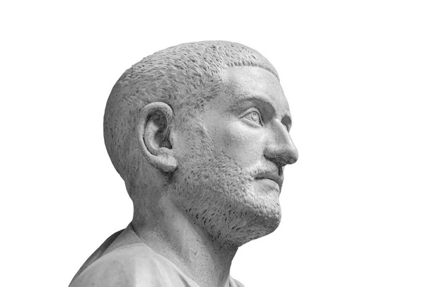 Portrait of Roman emperor Marcus Julius Philippus Arabs. Philip the Arab isolated on white background. Classic antiquity man portrait - Photo, Image