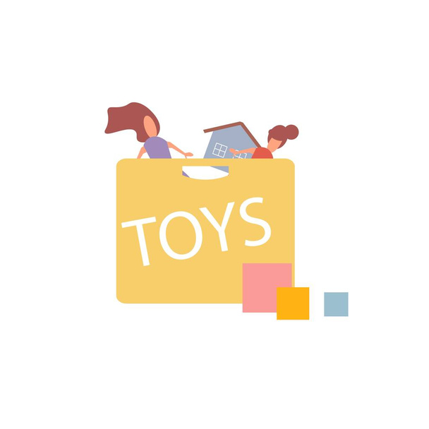 Flat cartoon box with toys,healthy family and happy childhood vector illustration concept - Вектор,изображение