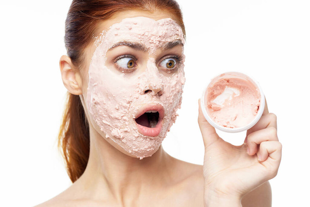 emotional woman cream face mask bare shoulders health - Foto, afbeelding