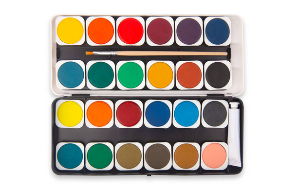 New Paintbox with set of watercolors isolated over white background. - 写真・画像