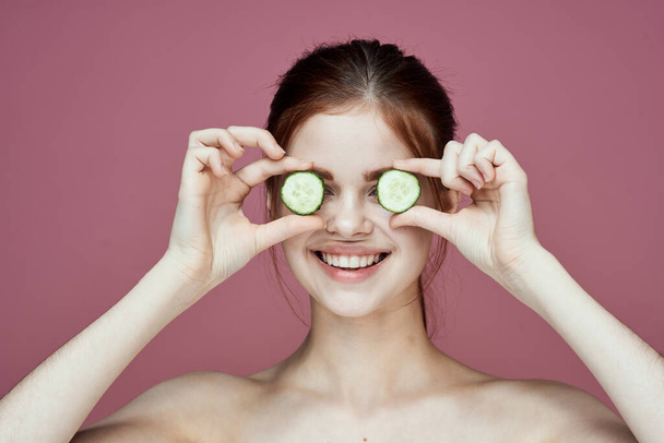 cheerful woman cucumbers vitamins clean skin health - Valokuva, kuva