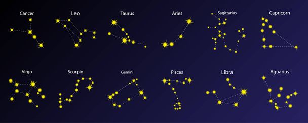 Takımyıldız simgeleri ayarlandı. Yıldızlar galaksisi arka planı. Zodiac sembolleri. Astroloji elementleri. Vektör çizimi. Resim yükle. - Vektör, Görsel