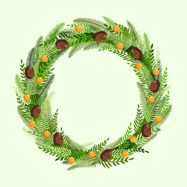 Christmas wreath made of natural pine, twigs, cones, garlands for postcards, posters, banners. Illustration of a Merry Christmas and New Year. Vector design template - Vector, Image