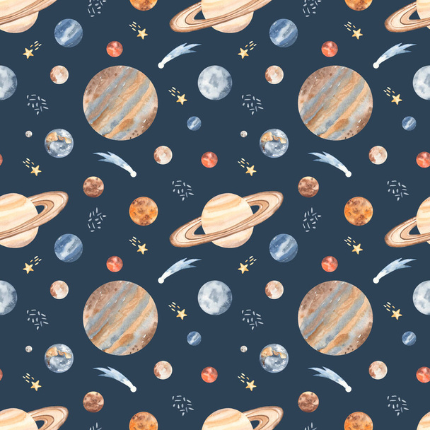 Merkür, Mars, Dünya, Venüs, Jüpiter, Satürn, Neptün, Pluto, Uranüs 'ün mavi arkaplan, suluboya desensiz kainat kuşağı - Fotoğraf, Görsel