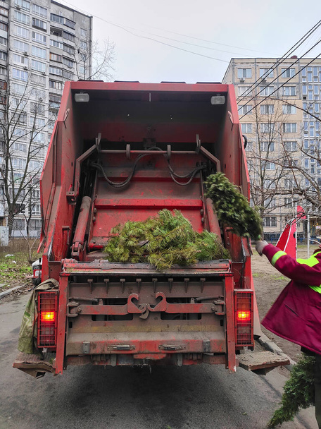 Il camion della spazzatura porta gli alberi di Natale in una discarica. - Foto, immagini