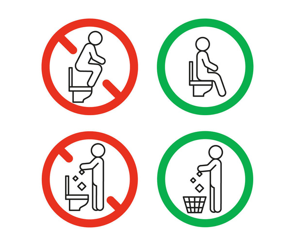 Regola portare fuori spazzatura in cesto, ma non in padella WC, sedersi sul sedile WC, ma non stare in piedi, segnale di avvertimento divieto. Non gettare la spazzatura in bagno. Puo 'gettare spazzatura nel bidone della spazzatura. Illustrazione vettoriale - Vettoriali, immagini